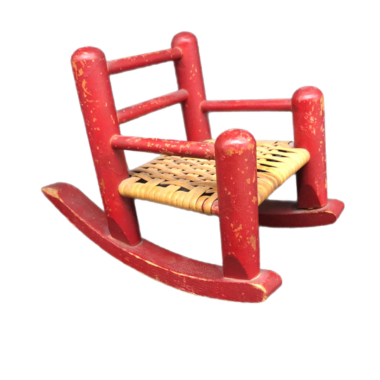 Vintage Wooden Doll Rocking Chair Red With Rush Cain Seat. Primitive Display 8220D