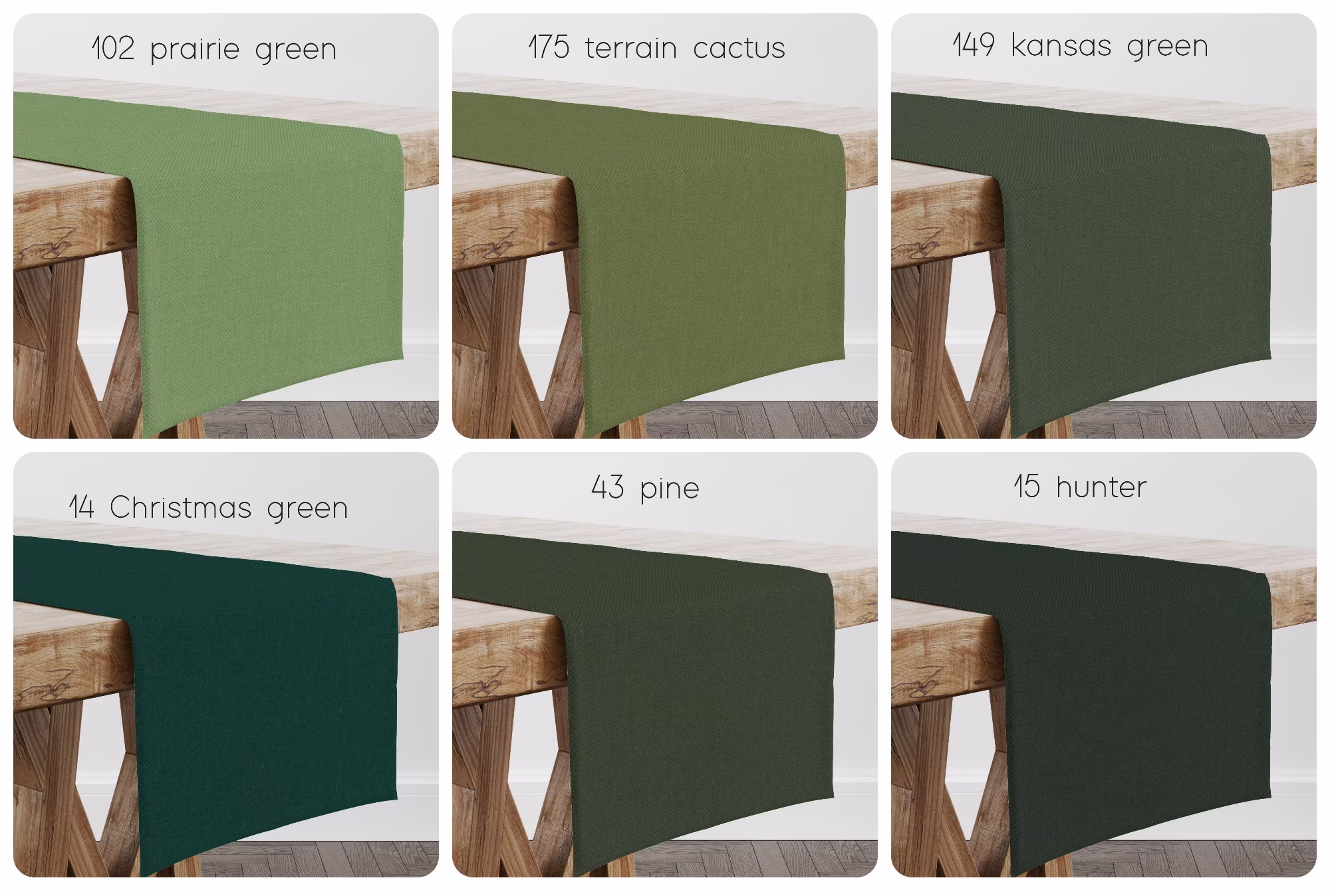 Solid Green Table Runners | Light To Dark Hunter Pine USA Handmade Modern Contemporary Farmhouse 24, 36, 48, 54, 66, 72, 84, 96, 108