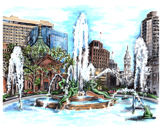 Original Pencil & Marker Illustration Of Philadelphia's Logan Fountain With Basilica St. Peter Paul City Hall Iconic Philly
