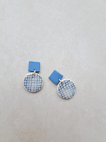 Checkered Pattern, Gridded Pattern, White Porcelain Geometric Dangle Earrings, Blue Pencil Drawing On