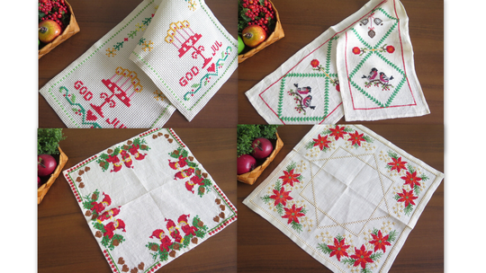 Vintage Christmas Table Cloth Embroidered Napkin Scandinavian, Retro Textiles Swedish #5-03-32