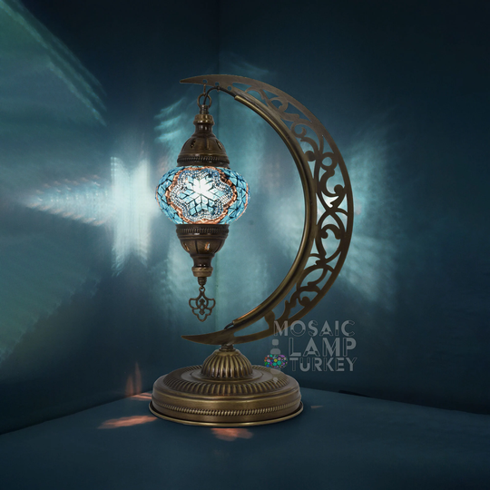 Sea Blue Turkish Mosaic Moon Shape Table Lamp, Crescent Moroccan Light, Arabic Style Home Decor Lamp