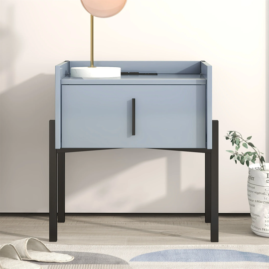 Blue Nightstand 2 Drawer Storage Bedside Table with USB Charging Port
