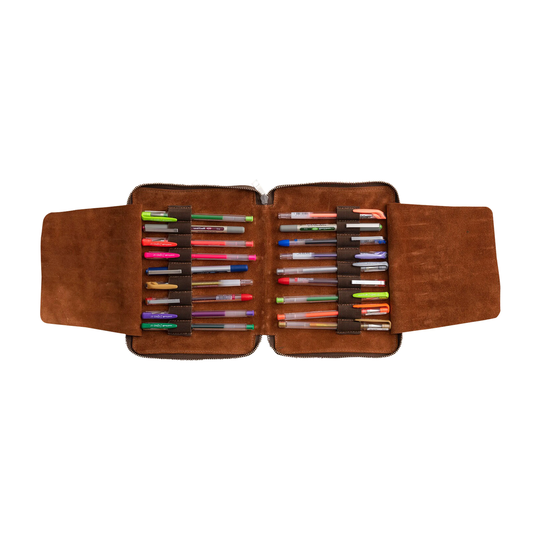 Genuine Leather Handmade 18-Slot Pen Case, Zippered Pencil Pouch, Fountain Brown