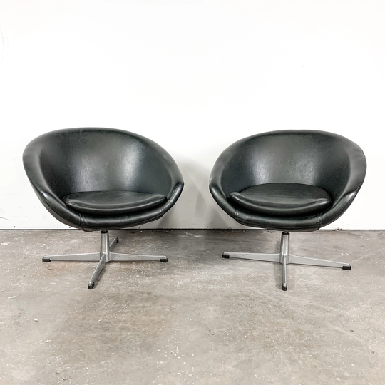 1960S Black Vinyl & Chrome Swedish Swivel Chairs By Overman Ab Tranås Sweden - Vintage Mid Century Danish Modern Space Age