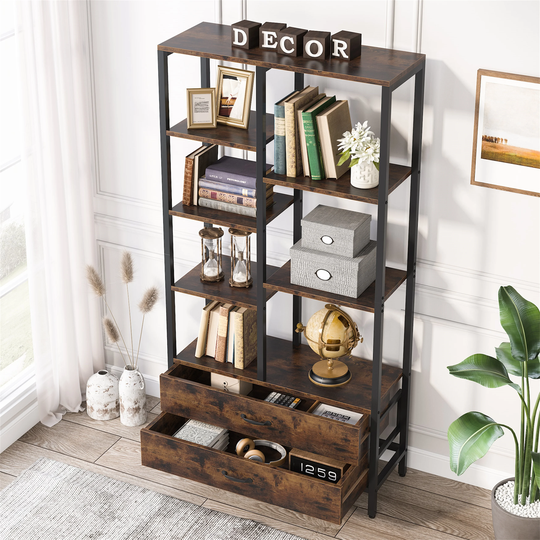Bookshelf with 2 Drawers, Industrial Open Bookcase with Storage Space, Display Rack for Home Office