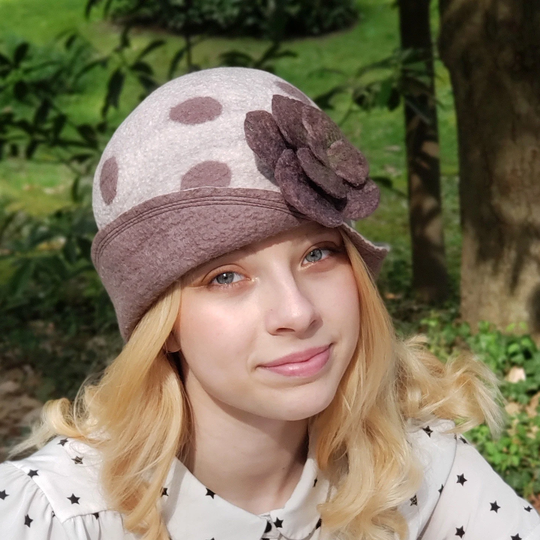 Polkadot Reversible Cloche W/Removable Flower Pin - Immediate Ship Hand Felted Merino Wool
