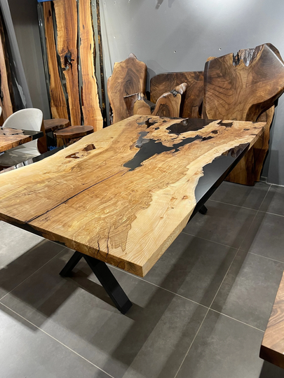 Custom To Order | Black Epoxy Table Live Edge Resin Wooden Natural Walnut Wood Modern Dining Room Free Shipping