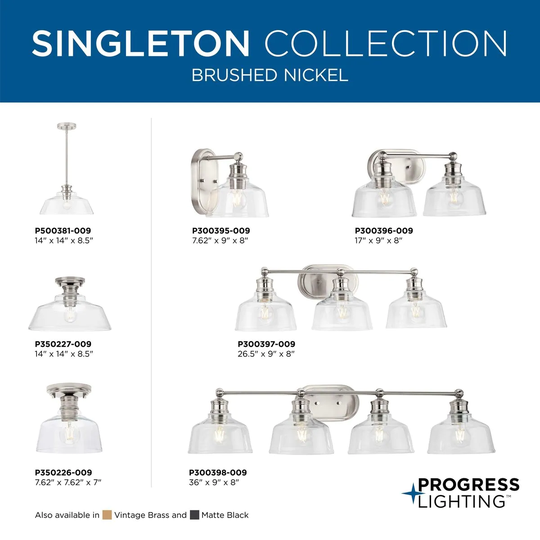 Singleton Collection 1-Light 14 in. Brushed Nickel Medium Semi-Flush Mount Light with Clear Glass Shade