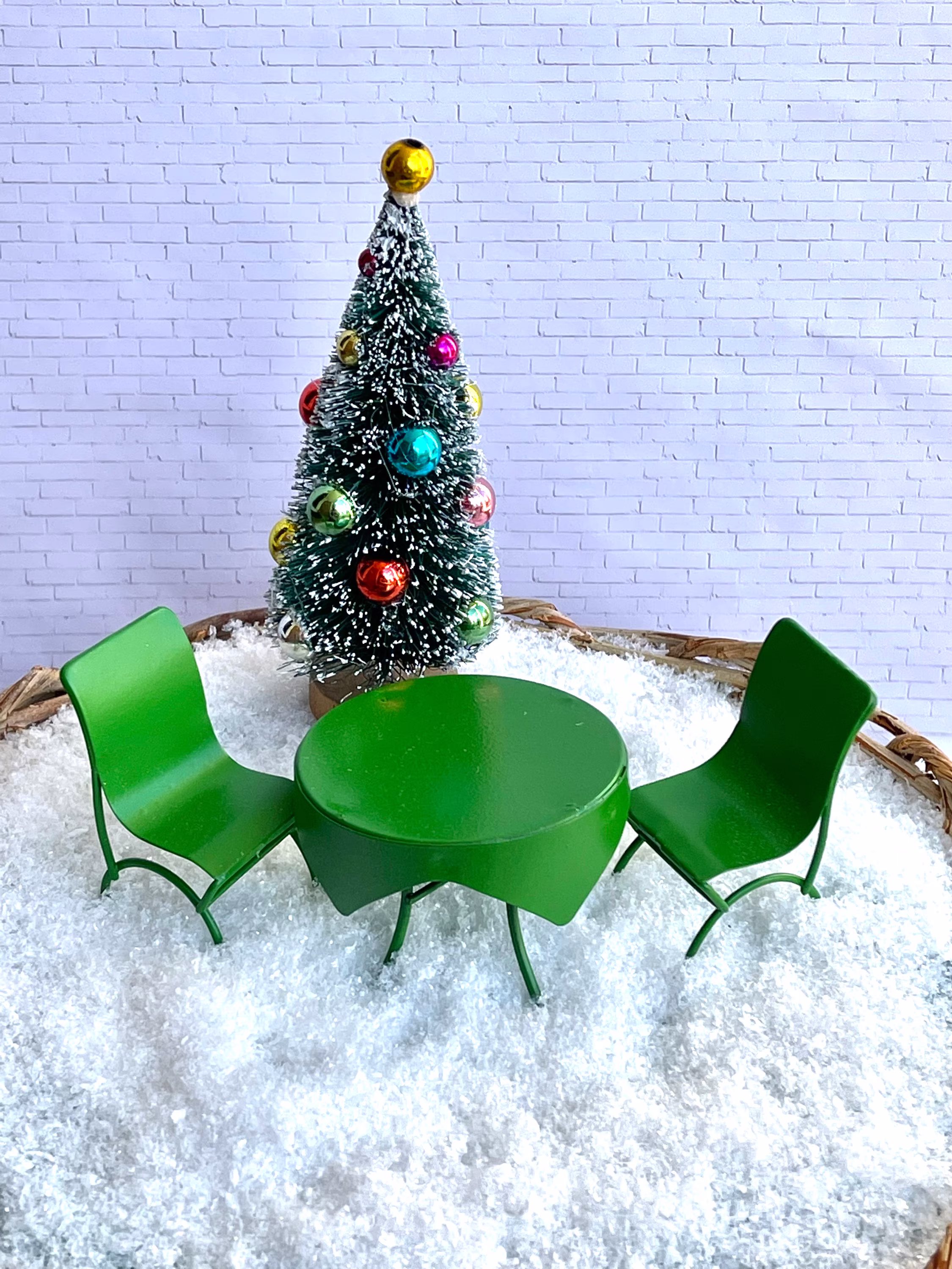 Miniature Table Chairs, Christmas Fairy Garden Accessories, Dollhouse Miniatures, Green Bistro Set, Miniature Tree