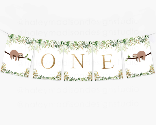 Sloth High Chair Banner, Greenery First Birthday One Banner Sign, Party Deocrations, Pink Gold Hm988