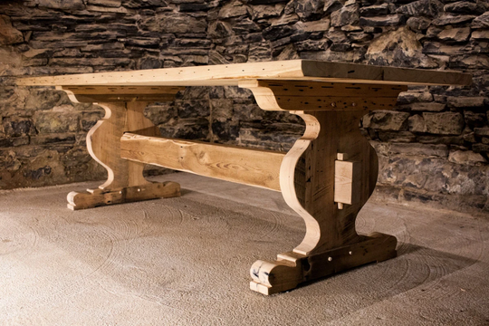 Trestle Dining Table Made Of Reclaimed Solid Wood. Farmhouse Wooden With Antique Design