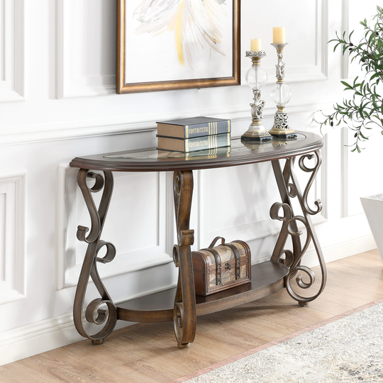 Console Table with Glass Table Top and Powder Coat Finish Metal Legs