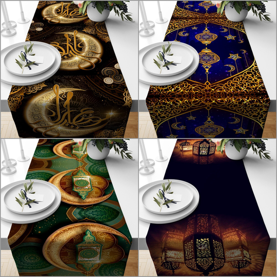 Islamic Table Runner|Religious Motif Centerpiece|Black Gold Green Ramadan Kareem Tablecloth|Mystic Home Decor|Gift For Muslim Neighbor