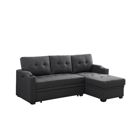 Leon 83 Inch Sleeper Sectional Sofa, USB Ports, Cupholders, Dark Gray Linen