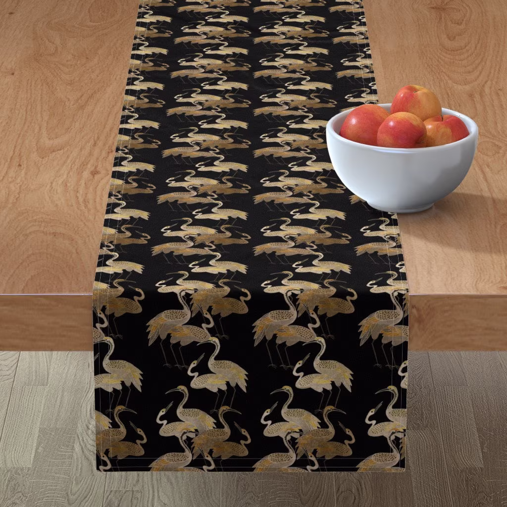 Ivory Cranes Table Runner - Deco Onyx By Cooper&craft Vintage Style Asian Inspired Cotton Sateen Spoonflower