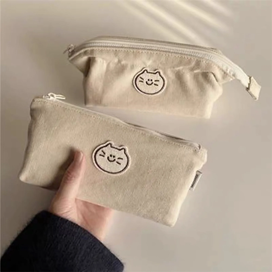 Cute Cat & Dog Canvas Pencil Case, Minimalism Bag, Cartoon Pen Case, Japanese Storage, Pencil Pouch, Pencil Storage, School Supplies