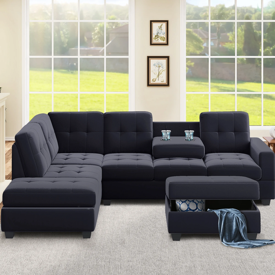 Sectional Sofa with Reversible Chaise L Shaped Couch Set with Storage Ottoman and Two Cup Holders