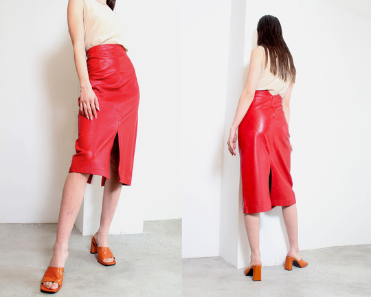 80S Red Leather High Waist Slits Midi Pencil Skirt
