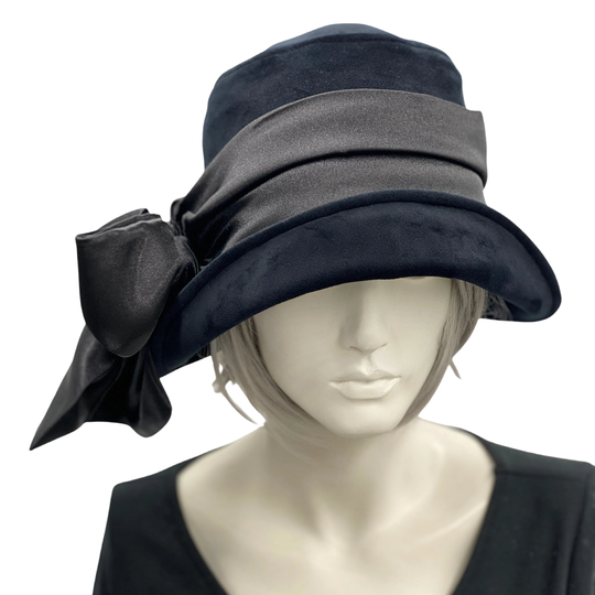 Black Velvet Hat, Cloche Hat Women, Flapper Vintage Style, With Satin Bow Scarf, Handmade in The Usa