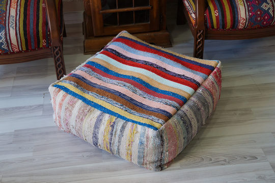 Square Colorful Rainbow Decor Cotton Handmade Ottoman Pouf Contamporay Kids Floor Bean Bag Foot Stool Chair Striped