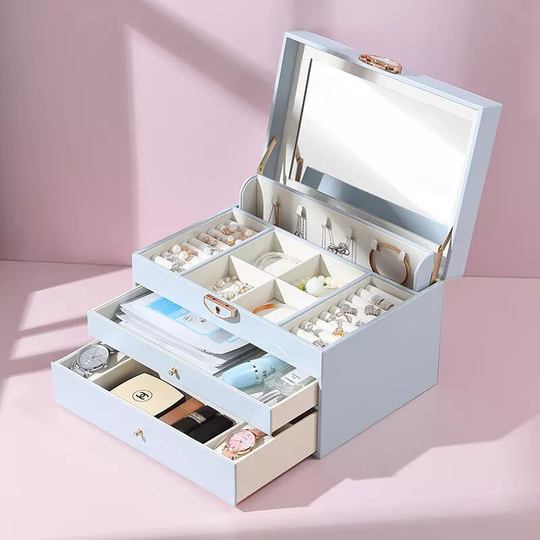 Customized Name Jewelry Organizer | Box Luxury Pu Leather Jewellery Storage Gift Case With Mirror Pink Lightblue Rings