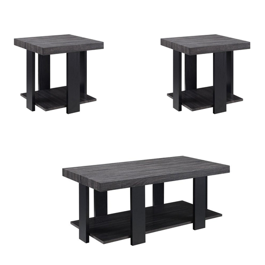 Wood and Metal 3 Piece Cocktail Table Set, Gray and Black