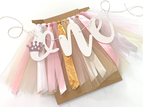 Princess Pink Gold & White High Chair First Birthday Party Banner. Smash Cake Photo Prop. 1st Backdrop. One