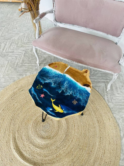 Round Epoxy Table Top, Ocean Wave Resin Table, Side Tables, End Coffee Bedside Custom Design Slab