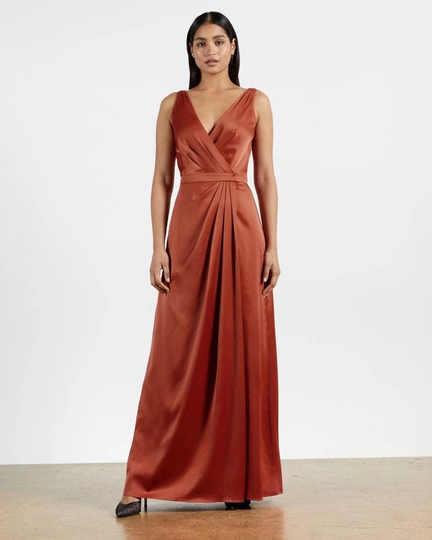 Rust Color Satin Bridesmaid Dress, Wedding Dresses, Custom Long Wrapdress, Wrapdresses, Summer Dress