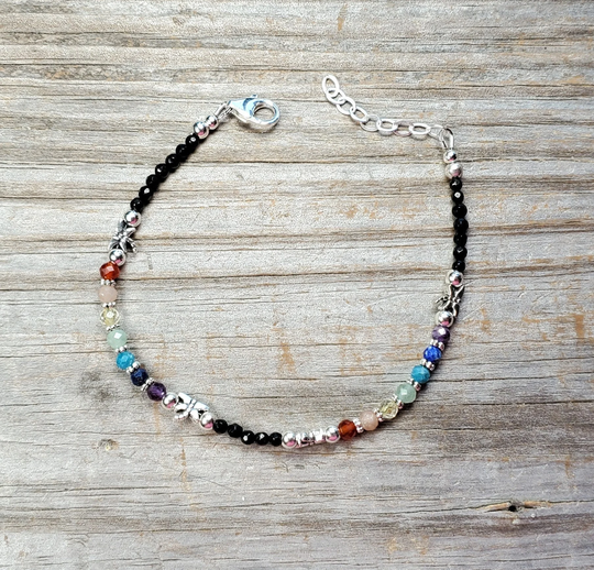 Chakra Multi Gemstone Anklet With Onyx & Dragonflies, Adjustable Anklet, Multiple Sizes Available