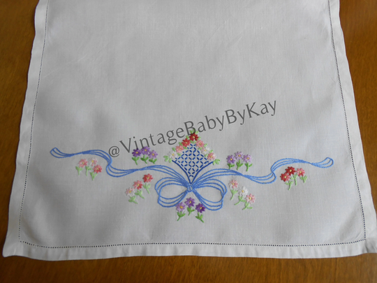 White Linen Table Runner Hand Embroidered Blue Bows, Pastel Pink Purple Green Florals Hemstitched Hems 15.75" X 23.5" Vintage Party Holiday