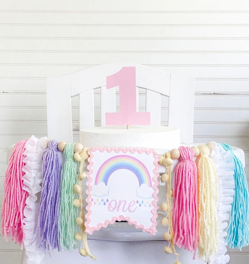 Pastel Rainbow Birthday High Chair Yarn Tassel Banner, Cake Smash Backdrop First Birthday, Topper