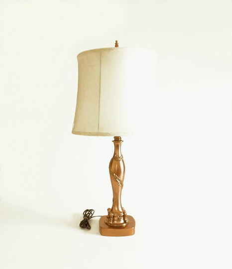 Antique Copper Table Lamp - Art Deco Laurel Leaf Pattern - Working, Tall Lamp With Original Silk/ Shantung Fabric Bell Shade