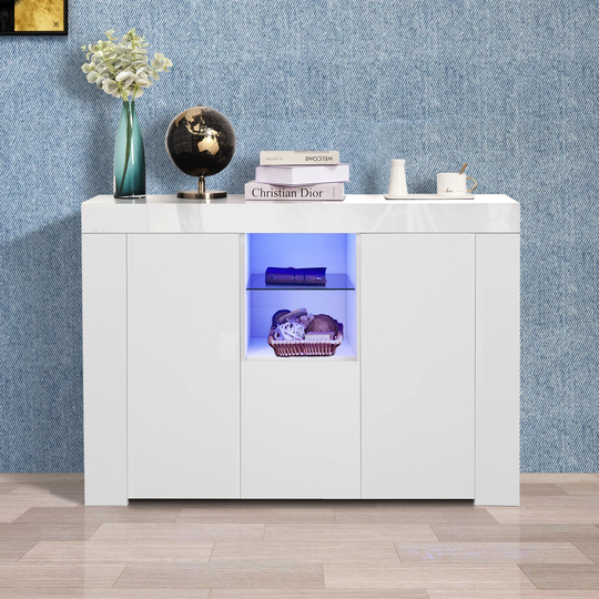 Kitchen Sideboard Cupboard with LED Light White High Gloss Dining Room Buffet Storage Cabinet