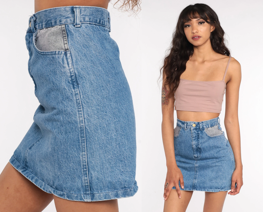 90S Jean Skirt Stone Wash Denim Mini Jeans Blue High Waisted Retro Vintage Pencil Wiggle Extra Small Xs
