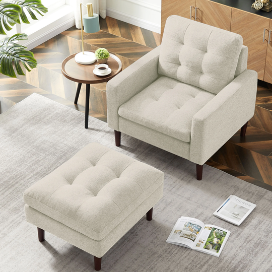Modern Fabric Single Sofa Chair, Living room chair, Comfortable Armchair with Solid Wood Legs, Tufted Chair for Reading