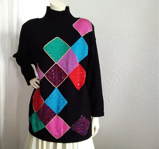 80S Colorful Diamond Sweater Harlequin Beaded Sequined Pop-Art Black Multi-Color Spring Glitter Lurex Decoration M Size