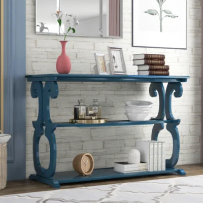 TREXM Console Table Sideboard For Entryway With 3-Tier Open Storage Shelf, Vintage Carved Design Livingroom (Black Gold)