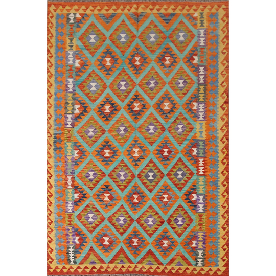 Geometric Multi-Color Kilim Reversible Area Rug Flatweave Wool Carpet - 6'7"x9'6"