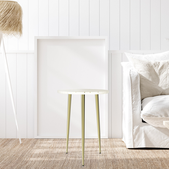 Tripod Table| With Gold Inlay| White/Gold| Round Tabletop|Iron & Marble| Residential Use| 3 Sturdy Tapered Legs| Unique Design 16"