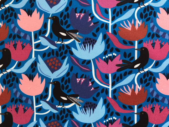 Currawong & Waratah Flowers Blue Floral Quilting Cotton Fabric By 1/4, 1/2 Yard Or Fat Quarter, Australian Native Bird