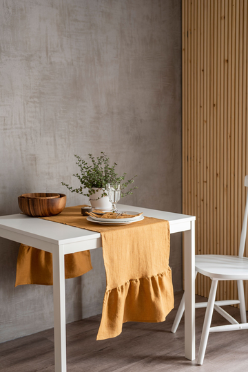 Mustard Yellow Linen Table Runner With Ruffle. Ruffled Runner. Dining Decor. Kitchen Natural Decor