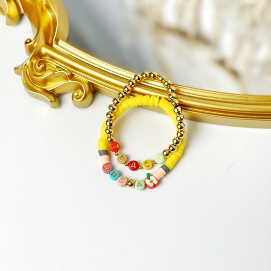 Personalized Teacher Bracelet Set, Pencil Bracelet, Heishi Stack, Appreciation Gift, End Of Year Teach