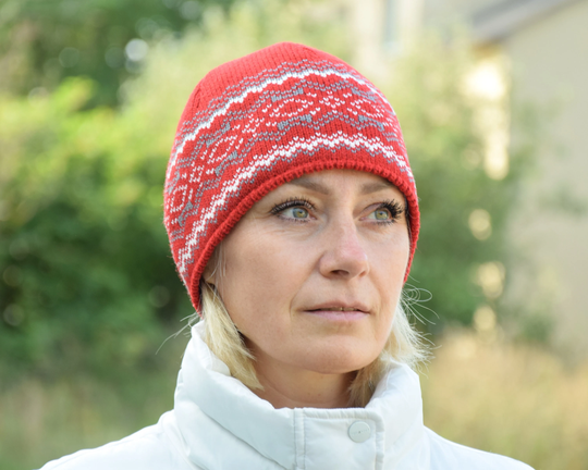 Beautiful Red Nordic Woolen Hat With Gray Fair Isle Pattern Simple Beanie Ski Hat For Men & Women Scandinavian Winter Woollana