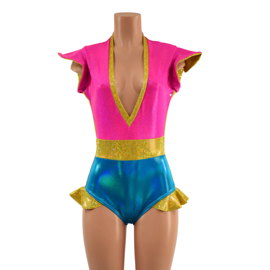 Flip Sleeve Siren Romper Plunging V, Sleeves, Side Panels, Waist Panel, & Leg Ruffles Emk1579193