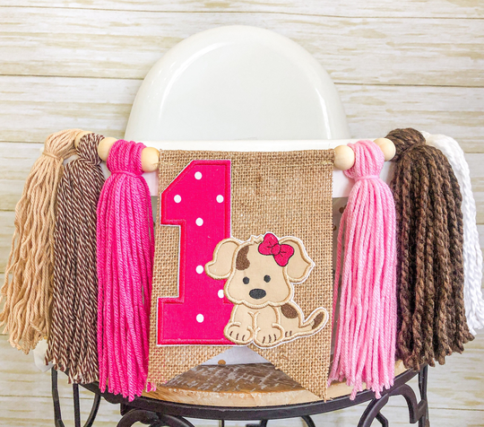 Puppy Birthday High Chair Yarn Tassel Banner, Cake Smash Backdrop First