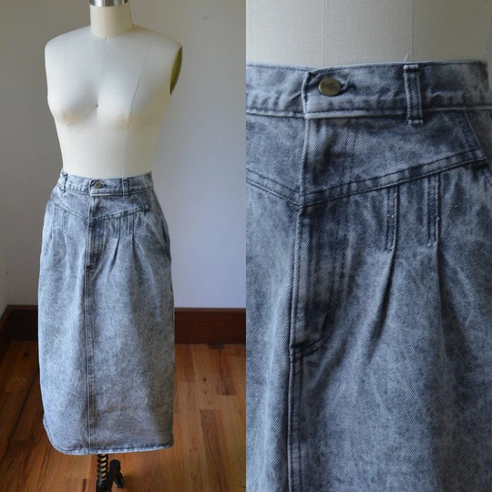 80's Vintage Gray Acid Wash Denim High Waisted Pencil Skirt Size 6/8 By Chic, Fitted 4/6 Small