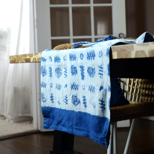Blue & White Block Printed Table Runner/Organic Cotton Black Linens Decor Plant Dyed Eco Friendly Gifts - Crystal Runner