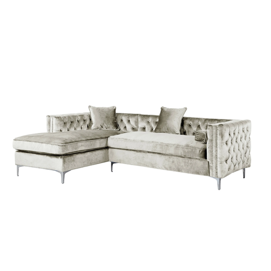 Chic Home Monet Button Tufted with Silver Nailhead Trim Metal Y-leg Left Facing Sectional Sofa, Silver